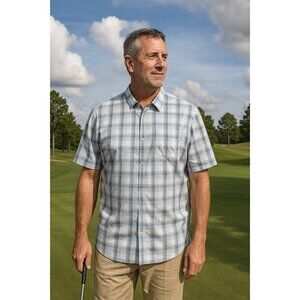 Travis Mathew Stripe Button Front Shirt, Blues, White, Short Sleeve size XXL